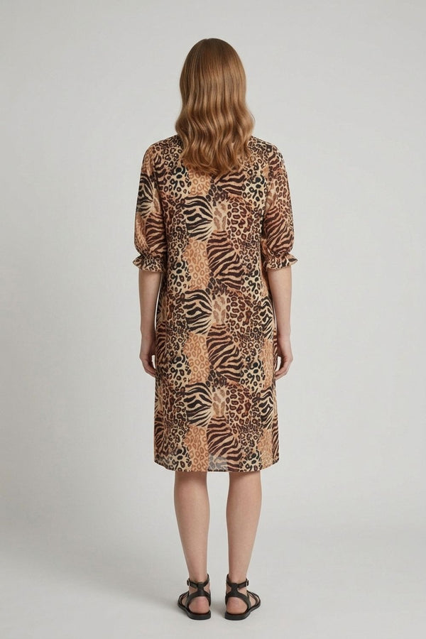 Brown | Animal Print 3/4 Sleeve Midi Smock Dress
