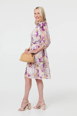 Purple | Floral 3/4 Sleeve Knee Length Dress
