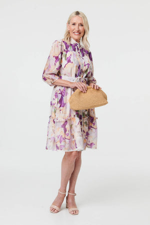 Purple | Floral 3/4 Sleeve Knee Length Dress
