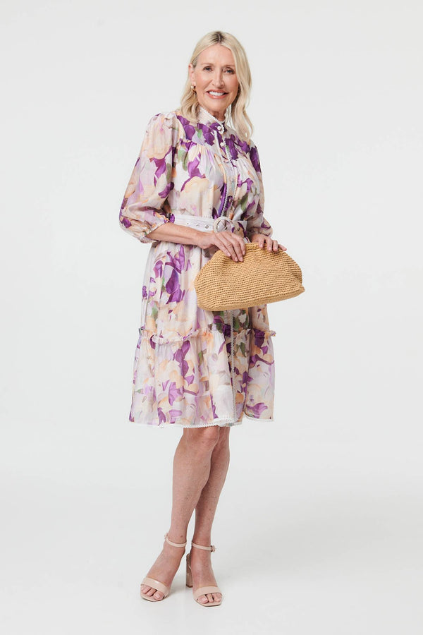 Purple | Floral 3/4 Sleeve Knee Length Dress