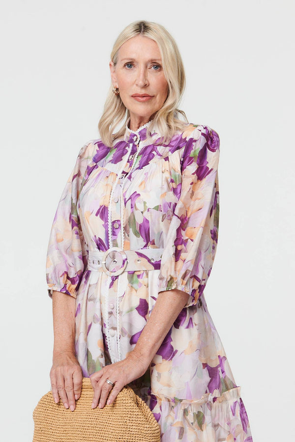 Purple | Floral 3/4 Sleeve Knee Length Dress