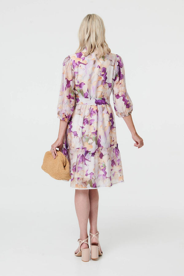 Purple | Floral 3/4 Sleeve Knee Length Dress