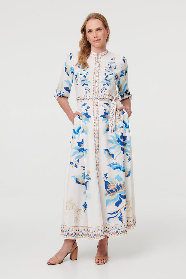 White | Floral Tie 3/4 Sleeve Maxi Dress