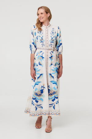 White | Floral Tie 3/4 Sleeve Maxi Dress