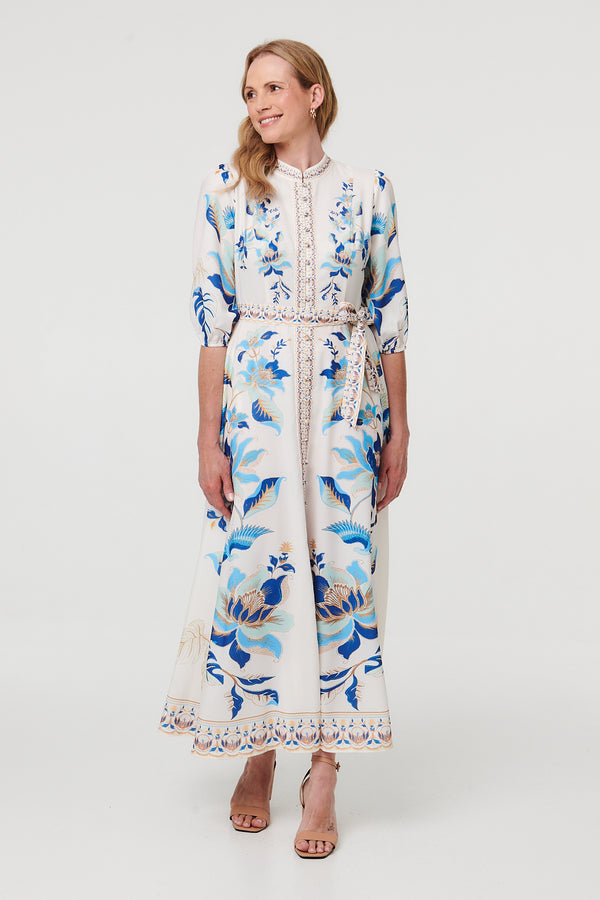 White | Floral Tie 3/4 Sleeve Maxi Dress