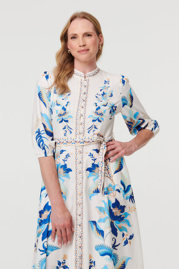 White | Floral Tie 3/4 Sleeve Maxi Dress