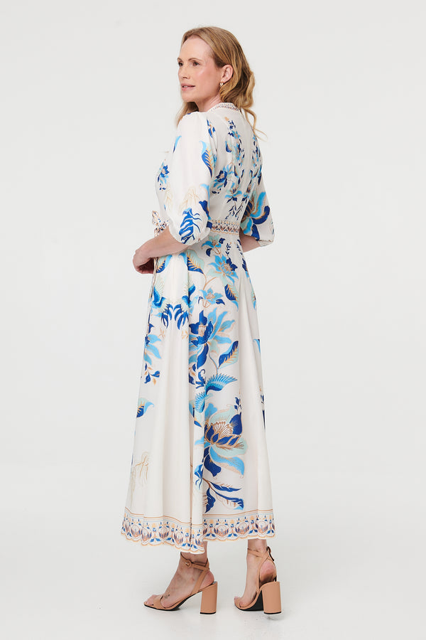 White | Floral Tie 3/4 Sleeve Maxi Dress
