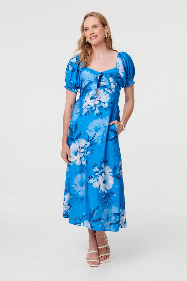 Blue | Floral Puff Sleeve Tie Front Midi Dress