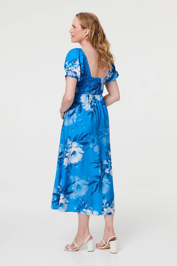 Blue | Floral Puff Sleeve Tie Front Midi Dress