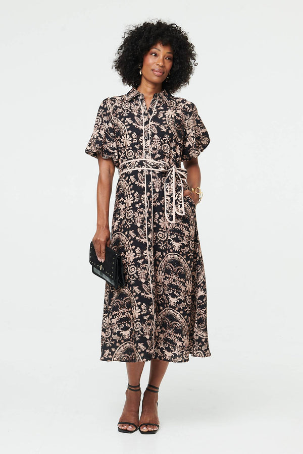 Black | Printed Puff Sleeve Tie Midi Shirt Dress