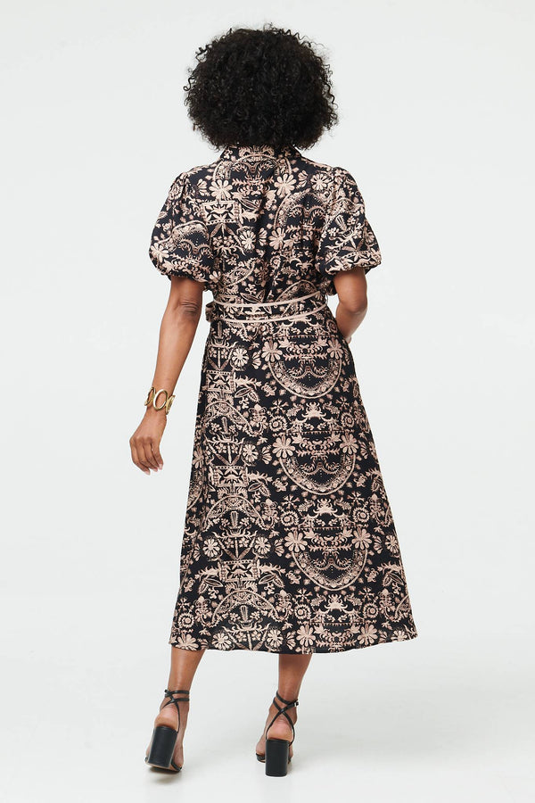 Black | Printed Puff Sleeve Tie Midi Shirt Dress