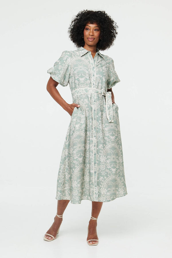 Green | Printed Puff Sleeve Tie Midi Shirt Dress
