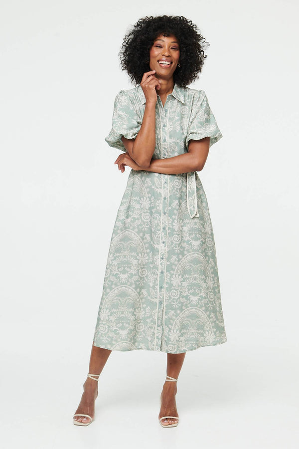 Green | Printed Puff Sleeve Tie Midi Shirt Dress