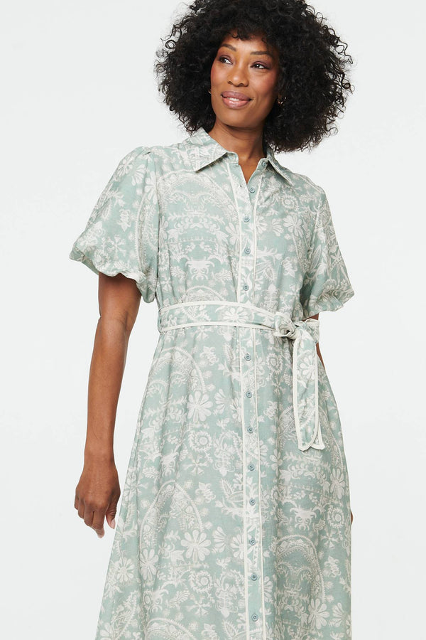 Green | Printed Puff Sleeve Tie Midi Shirt Dress