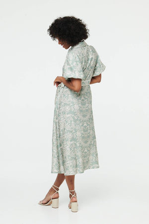 Green | Printed Puff Sleeve Tie Midi Shirt Dress