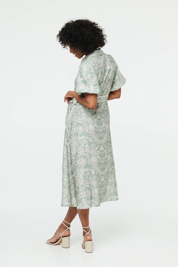 Green | Printed Puff Sleeve Tie Midi Shirt Dress