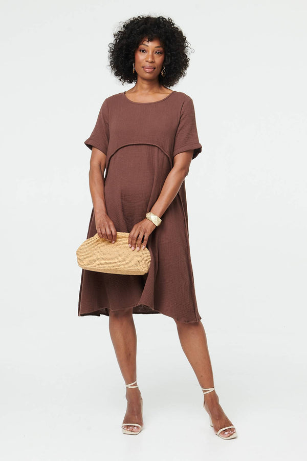 Brown | Mesh Layered Textured Midi Dress