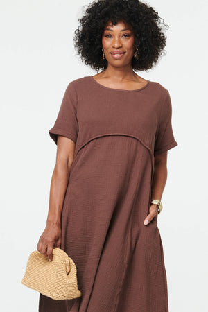 Brown | Mesh Layered Textured Midi Dress