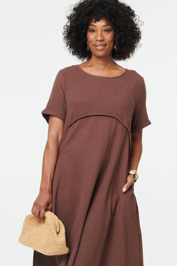Brown | Mesh Layered Textured Midi Dress