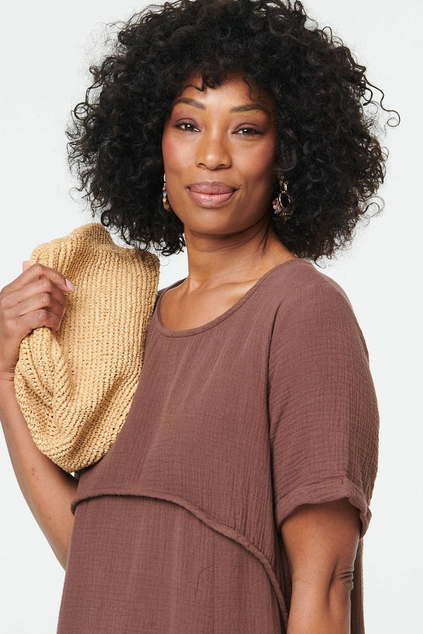 Brown | Mesh Layered Textured Midi Dress