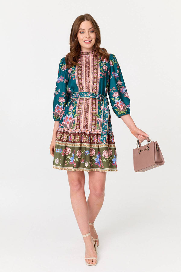 Green | Floral Border Print Short Shirt Dress