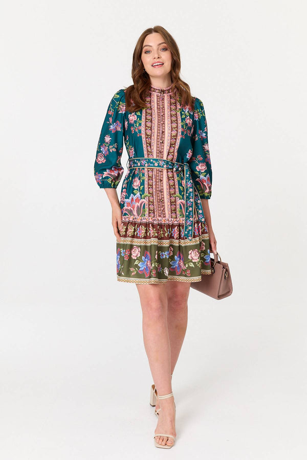 Green | Floral Border Print Short Shirt Dress