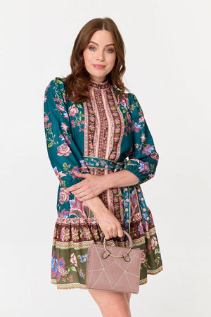 Green | Floral Border Print Short Shirt Dress