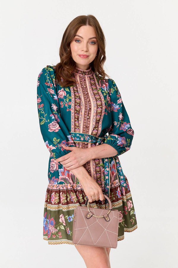 Green | Floral Border Print Short Shirt Dress