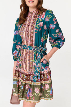 Green | Floral Border Print Short Shirt Dress