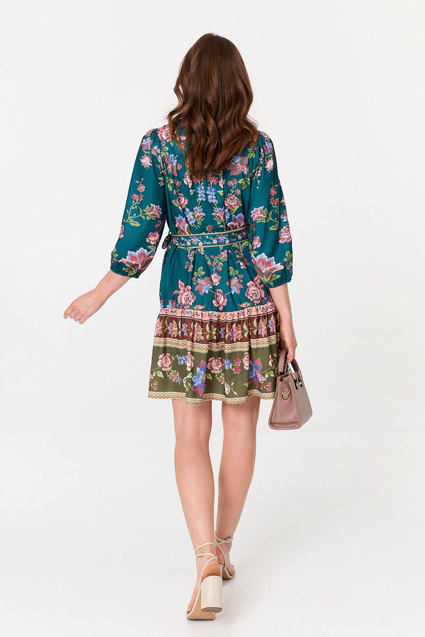 Green | Floral Border Print Short Shirt Dress