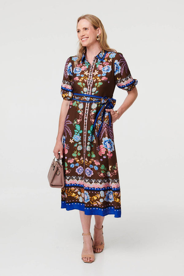 Brown | Floral 1/2 Puff Sleeve Shirt Midi Dress