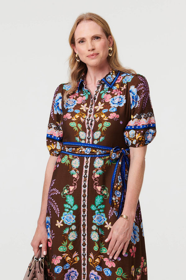 Brown | Floral 1/2 Puff Sleeve Shirt Midi Dress