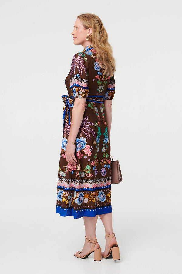 Brown | Floral 1/2 Puff Sleeve Shirt Midi Dress