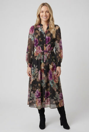 Black | Floral Long Sleeve Tie Waist Maxi Dress : Model is 5'7