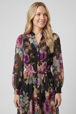 Black | Floral Long Sleeve Tie Waist Maxi Dress