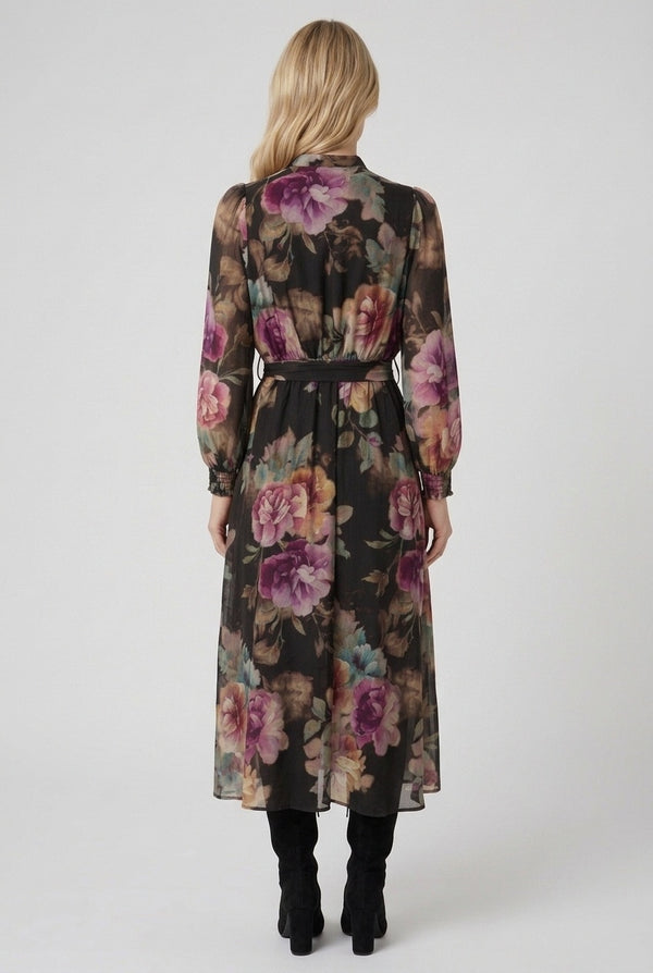 Black | Floral Long Sleeve Tie Waist Maxi Dress