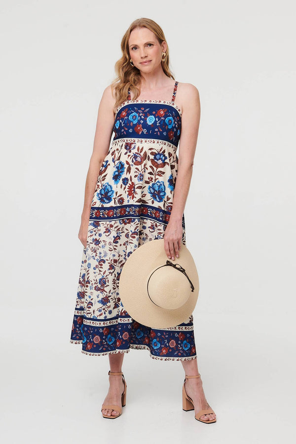 Navy | Floral Border Sleeveless Cami Midi Dress
