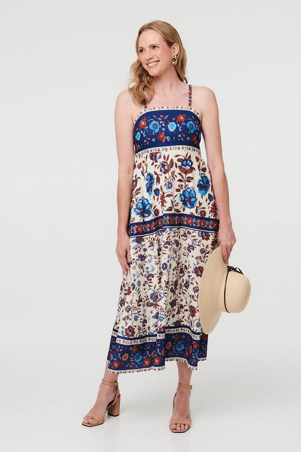 Navy | Floral Border Sleeveless Cami Midi Dress