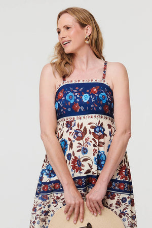 Navy | Floral Border Sleeveless Cami Midi Dress