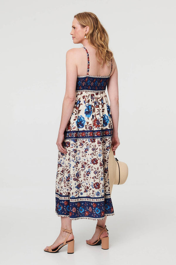 Navy | Floral Border Sleeveless Cami Midi Dress
