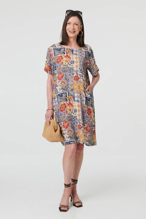 Blue | Floral Patchwork Knee Length Shift Dress