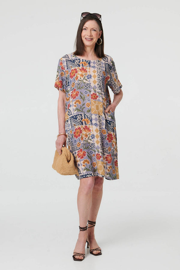 Blue | Floral Patchwork Knee Length Shift Dress