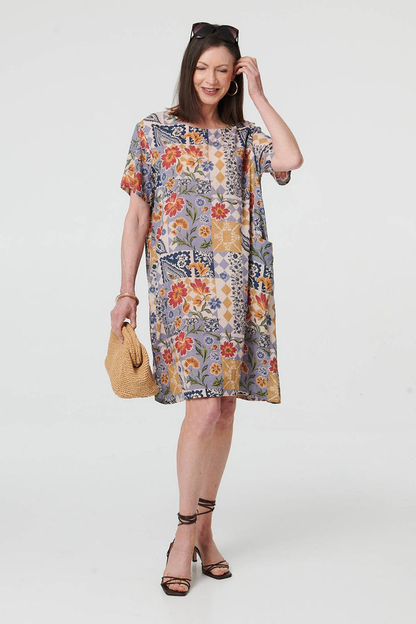 Blue | Floral Patchwork Knee Length Shift Dress