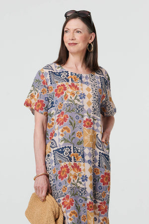 Blue | Floral Patchwork Knee Length Shift Dress