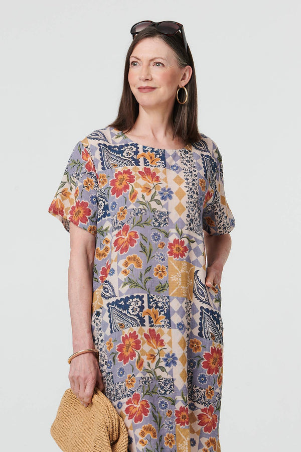 Blue | Floral Patchwork Knee Length Shift Dress