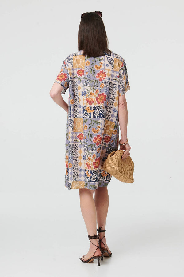 Blue | Floral Patchwork Knee Length Shift Dress