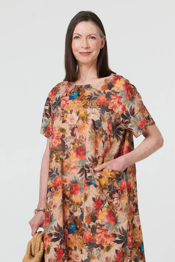 Orange | Floral Relaxed Knee Length Shift Dress