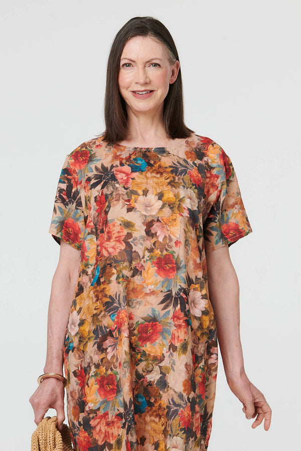 Orange | Floral Relaxed Knee Length Shift Dress