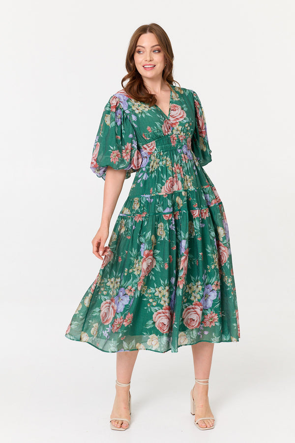 Green | Floral Puff 1/2 Sleeve Tiered Midi Dress
