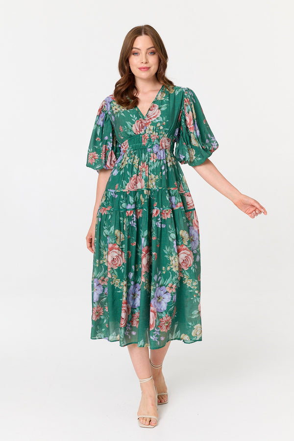Green | Floral Puff 1/2 Sleeve Tiered Midi Dress
